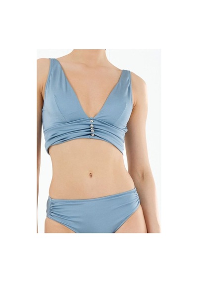 Louren Kadın Mavi Düz Boncuk Aksesuarlı Çıkarılabilir İnce Kaplı Üçgen Bikini Takımı Mavi