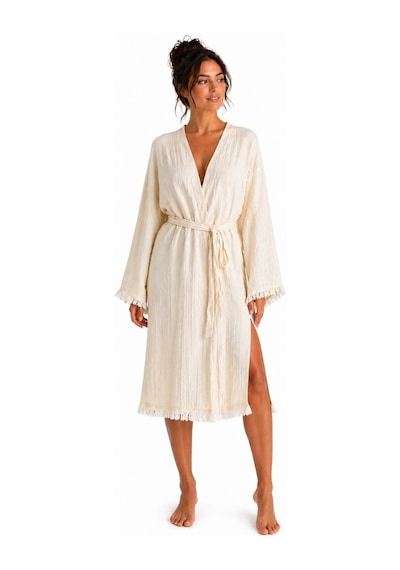 Natural Touch Müslin Kimono Bornoz Püskül Detaylı Yırtmaçlı Spa & Plaj Kimonosu Bej