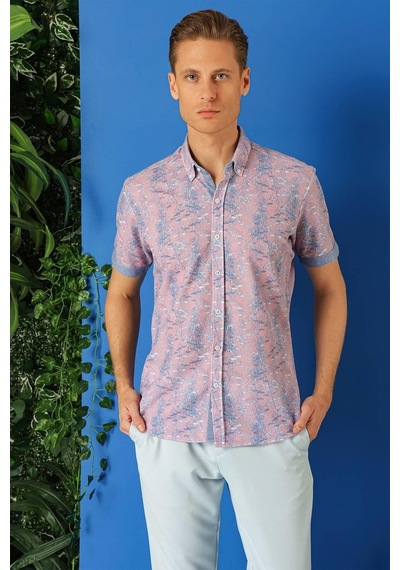 Efor Slim Fit Düğmeli Yaka Desenli Kısa Kol Pamuk Lila Gömlek G 1499 Lila
