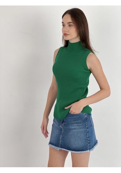 Miss Poem Kadın Boğazlı Balıkçı Yaka Kolsuz Basic K.yeşil Triko Bluz K.yeşil