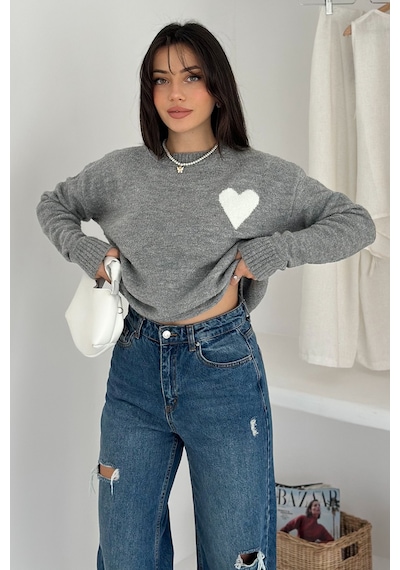 Noa & Noa Kadın Kalpli Kalın Triko Kazak Oversize & Minimal Romantik Stil Gri