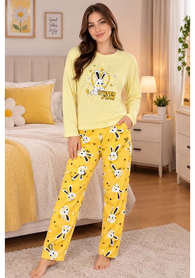 Genel Pamuklu İnterlok Kadın Pijama Takımı Sarı