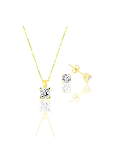 Gümüş Altın Yaldızlı Tek Taş Kolye Ve Küpe Gümüş Set