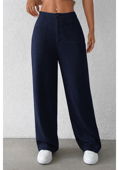 Tarz Cool Kadın Wide Leg Pantolon Ön Cep Detaylı Rahat Kalıp Günlük Pantolon Lacivert