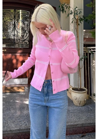 Madmext Pembe Çizgili Kadın Triko Hırka Mg2481 Pembe