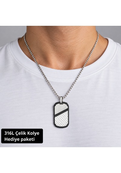 316l Çelik Erkek Kolye Geometrik Kare Desenli Dikdörtgen Plaka 70 Cm Zincirli Kolye Altın - Gümüş