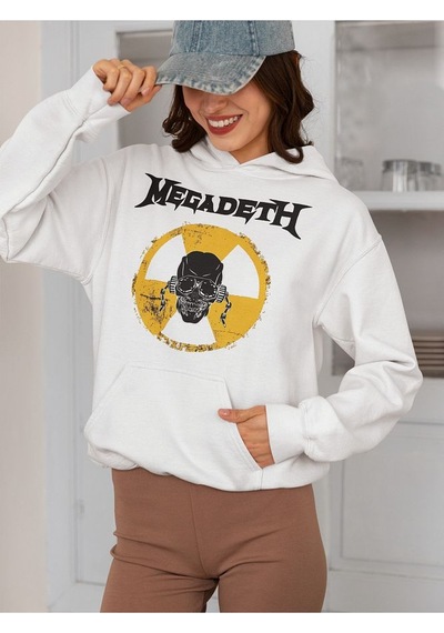 Sevbano Megadeth Baskılı Unisex Oversize Rock Metal Müzik Grubu Hoodie Beyaz