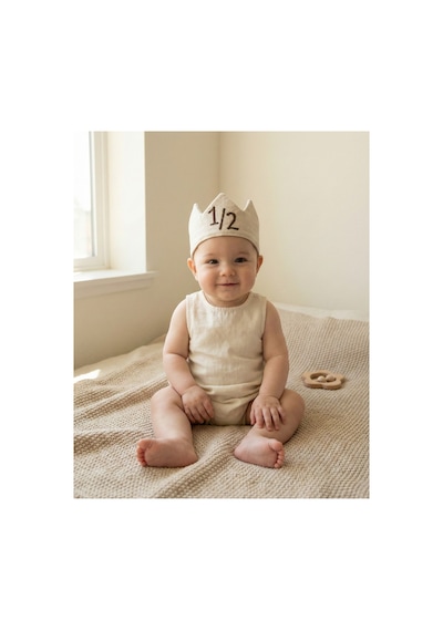 1/2 Half Birthday - Yarım Yaş Nakışlı Bebek Tacı - Half Birthday Tacı - Kahve/krem +0