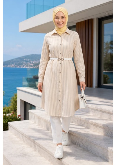 Hb Harma Time Butik Kadın Çizgi Desenli Kemerli Keten Bej Gömlek