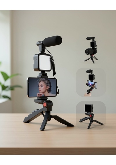 Telefon Vlog Kiti Tripod Mini Mikrofonlu Telefon Tutucu Standart