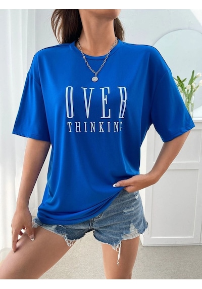 Over Thinking T-shirt - Saks Mavi Baskılı Oversize Bisiklet Yaka Kısa Kol Tişört Saks Mavi