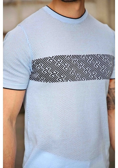 Ferraro Erkek Desenli Delikli Bisiklet Yaka Triko T Shirt - Mavi-Mavi