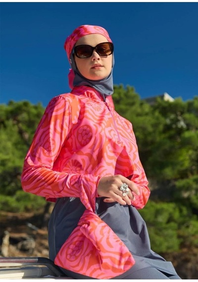 Mayovera Dinamik Pembe Paraşüt Kumaş Tasarım Tesettür Mayo Antrasit