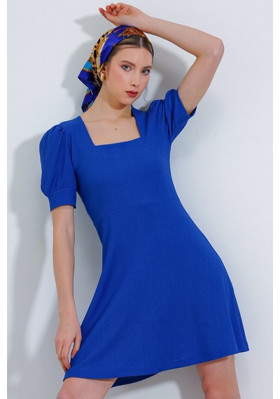 Bigdart Kadın Saks Kare Yaka Örme Mini Elbise 2339bgd19-034-14730 001