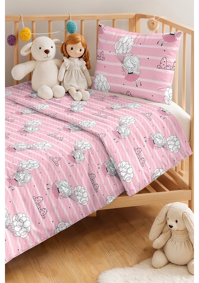 Evimde Bambaşka Pembe Balonlu Kız Çocuk Pike Takımı - Çizgili Beyaz Bebek Odası Mevsimlik Yatak Örtüsü - 160x220  CM