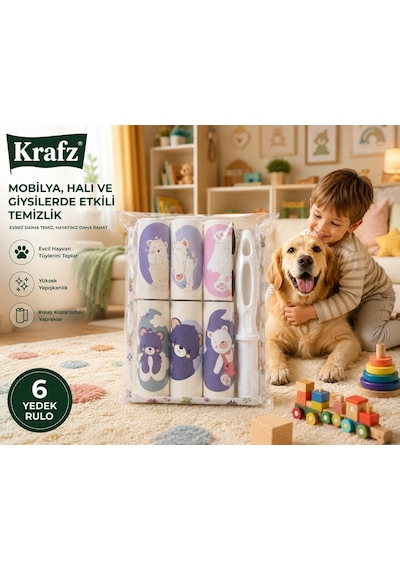 Krafz Kedi Köpek Tüy Toplama Rulosu Seti 1 Ana Rulo + 5 Yedek Rulo, Evcil Hayvan Tüyü, Saç Ve Kıl Temizleme Diğer
