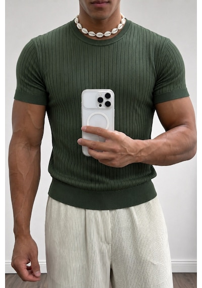 Tarz Cool Erkek Slim Fit Fitilli Triko Tişört Bisiklet Yaka Premium Pamuk Basic Yazlık T-shirt Haki