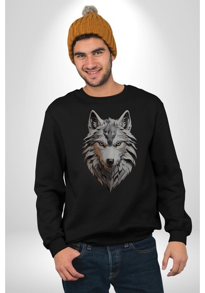 Beyaz Kurt Kafası Unisex Siyah Baskılı Sweatshirt Siyah