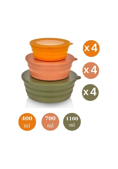 Flosoft Kapaklı Erzak Saklama Kabı, Kase Çerezlik Kahvaltılık 3 Boy 12 Li Set 4x 400ml,700ml,1100ml 12 Adet Çok Renkli