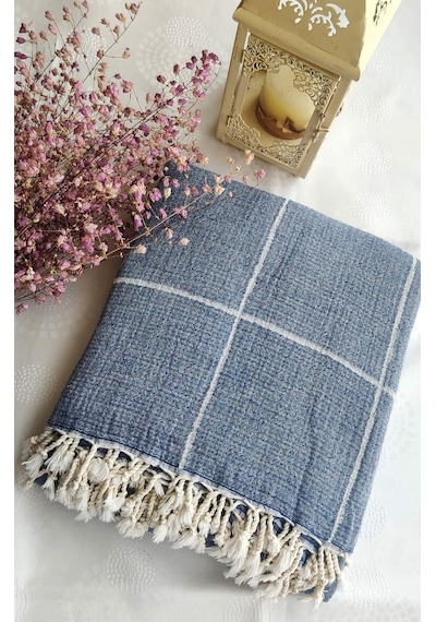 Çizgili Çift Kişilik Organik Müslin Pike 185x220cm Oeko-tex Standard 100 Sertifikalı İndigo200 Diğer