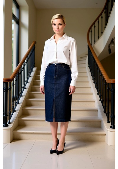 Benerly Kadın Büyük Beden Yüksek Bel A-line Midi Denim Etek Ön Yırtmaçlı Koyu Mavi
