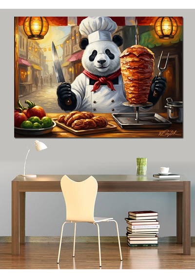 Döner Hazırlayan Aşçı Panda Tablosu Dekoratif Kanvas - Mdf Ahşap Tablo