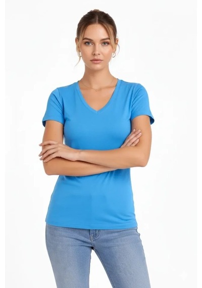 Suma T-shirt V Yaka Slim Fit Likralı Tişört Günlük Basic Body - Açık Mavi