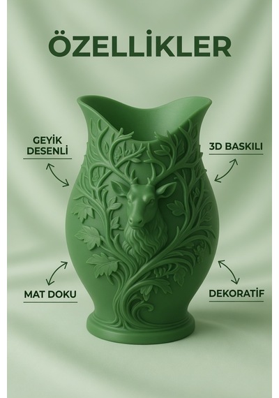 3d Baskılı Geyik Desenli Dekoratif Vazo 15 Cm Yeşil