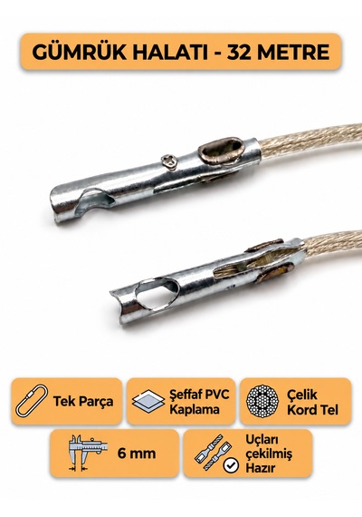 Tır Dorse Kamyon Konteyner Gümrük Halatı Galvanizli Çelik Tel 32 Metre 6mm