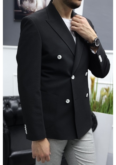Avni Ceylan Verde Dokulu Gofre Kumaş İtalyan Stil Slim Fit Kruvaze Erkek Ceket Siyah