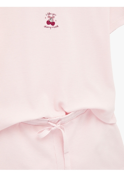 Koton Kiraz Detaylı Bisiklet Yaka Kısa Kollu Dokulu Pijama Takımı Pembe 6slk40086mk Gül