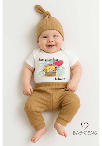 Babyden's Anneannesinin Aslanı Yazılı 3 Lü Bebek Takımı %100 Pamuk Çıtçıtlı Kısa Kollu Body, Fitilli Pantolon Ve Şapka Kahverengi