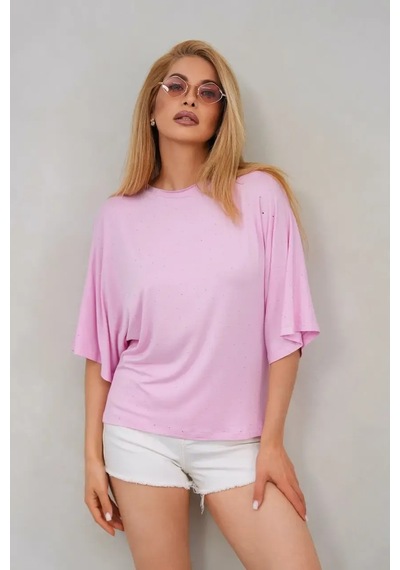 Park Karon Kadın Taş İşlemeli Yarasa Kol Viskon Penye Bluz 26063 Pembe