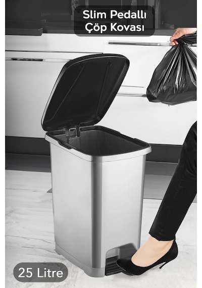Pedallı Gri Banyo Mutfak Çöp Kovası Siyah Kapaklı Slim Pedallı Çöp Kovası 25litre Gri