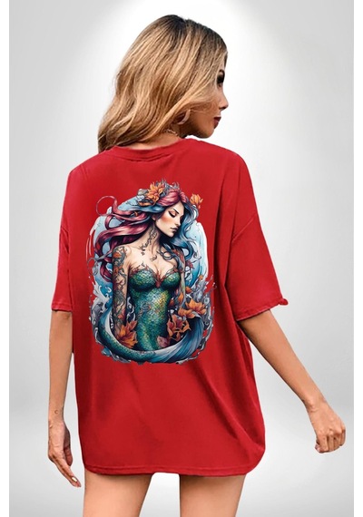 Deniz Kızı Çiçek Kırmızı Oversize Unisex Ön Ve Sırt Baskılı Tişört Kırmızı Deniz Kızı Çiçek Kırmızı Oversize Unisex Ön Ve Sırt Baskılı Tişört Kırmızı