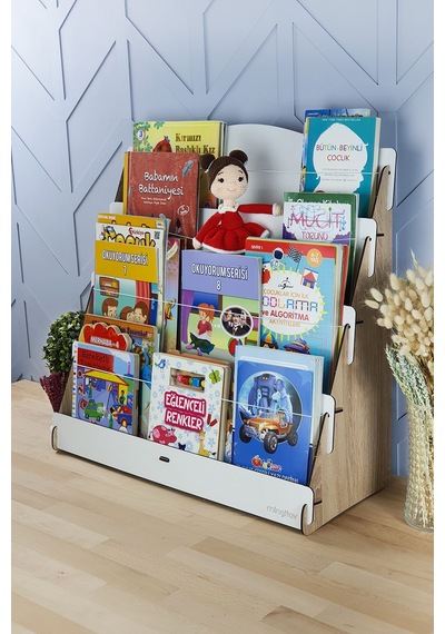 Mingitav Mingitav Lucky Montessori Ahşap Çocuk Odası 4 Raflı Kitaplık Meşe