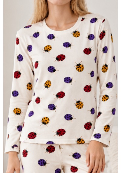 Kadın Desenli İkili Beyaz Rahat Pijama Takımı 4829