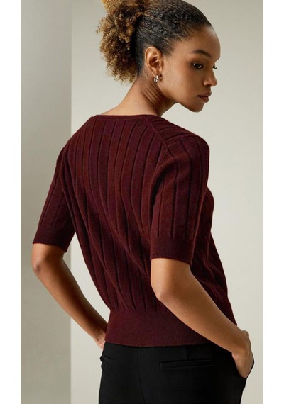 Bordo V Yaka Örgülü Kadın Triko Tişört Mg2369 Bordo