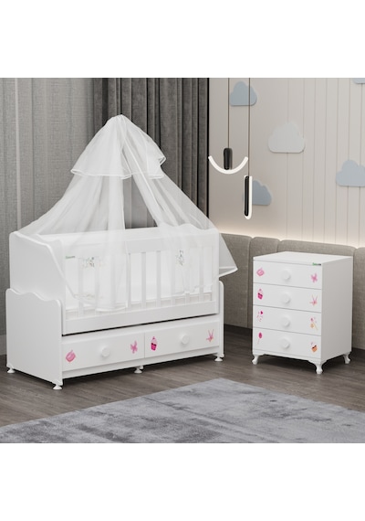 Elegant Mdf Çıtalı Beşik + Şifonyer Yatak Uykuseti - Prenses Beyaz