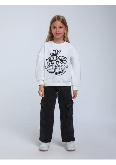 Kız Çocuk Çiçek Nakışlı Sweatshirt-14248 Beyaz
