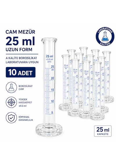 Cam Mezür 25 Ml Uzun Form A Kalite Borosilikat Laboratuvara Uygun 10 Adet