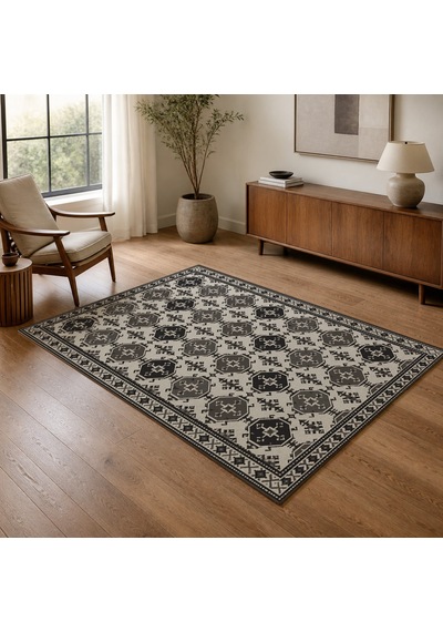 Kartela Halı Afgan Türkmen Desenli Otantik Halı Antrasit Kaymaz Taban 100x150 Cm
