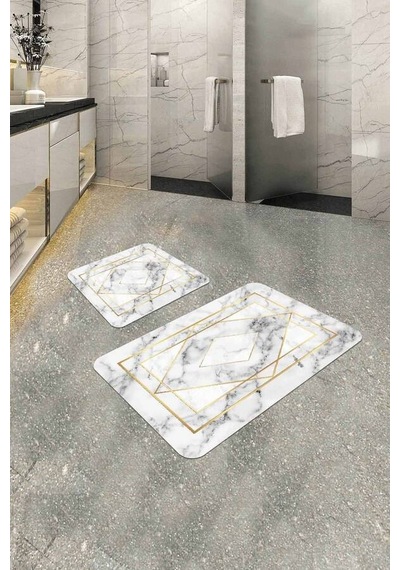Beyaz Mermer Görünümlü Banyo Halısı Klozet Paspas Seti Bs345n11 Kırık Beyaz