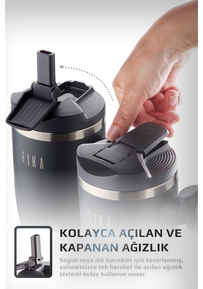 Fika Lumi Patentli Döner Kulplu Sızdırmaz Çelik Termos 1200 Ml - Bej Antrasit