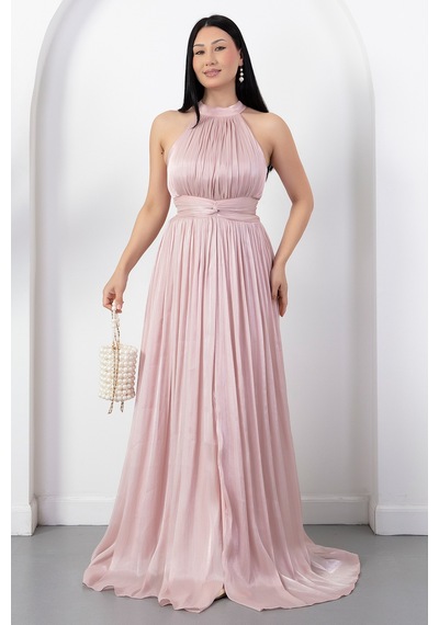 Kalopya Halter Yaka Beli Düğümlü Yırtmaçlı Elbise Drp6882 Pembe