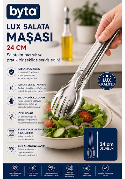 Lux 24 Cm Paslanmaz Çelik Salata Servis Maşası Ergonomik Mutfak Maşası Gri