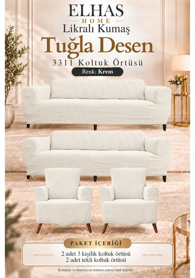Likralı Kumaş Tuğla Desen 3311 Koltuk Örtüsü Kanepe, Koltuk Kılıfı Yıkanabilir, Esnek 1 Adet Krem - 934386711 Krem