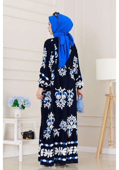 Sevitli Yarım Düğmeli Robalı Belinay Elbise-lacivert-5095