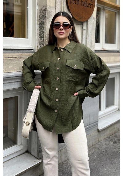 WeShaya Kadın Haki Balon Kol, Pileli, Yırtmaçlı, Oversize, Keten Tunik Gömlek Haki