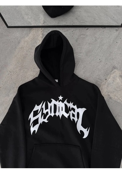 Valensdesign Üç İplik Kapşonlu Baskılı Oversize Sweatshirt- Siyah